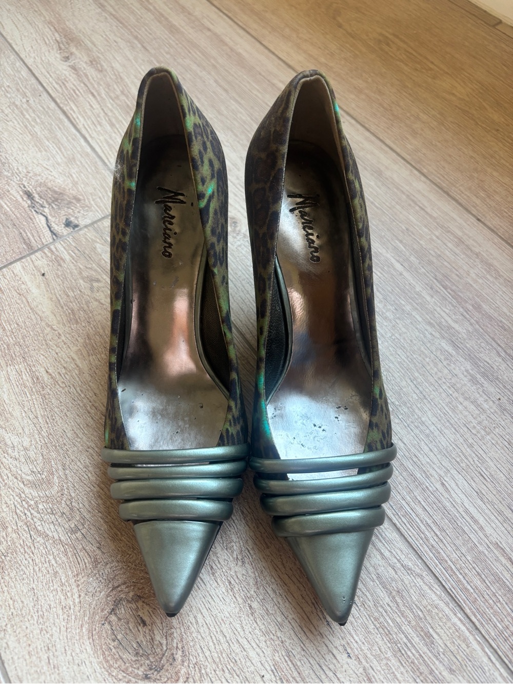 Marciano Leopard-Print Pointed Toe Pumps with Metallic Green Accents